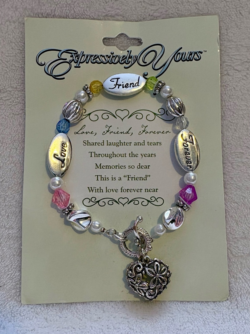 Expressively Yours Silver Tone 'Friend' Heart Charm Beaded Bracelet - Multicolor
